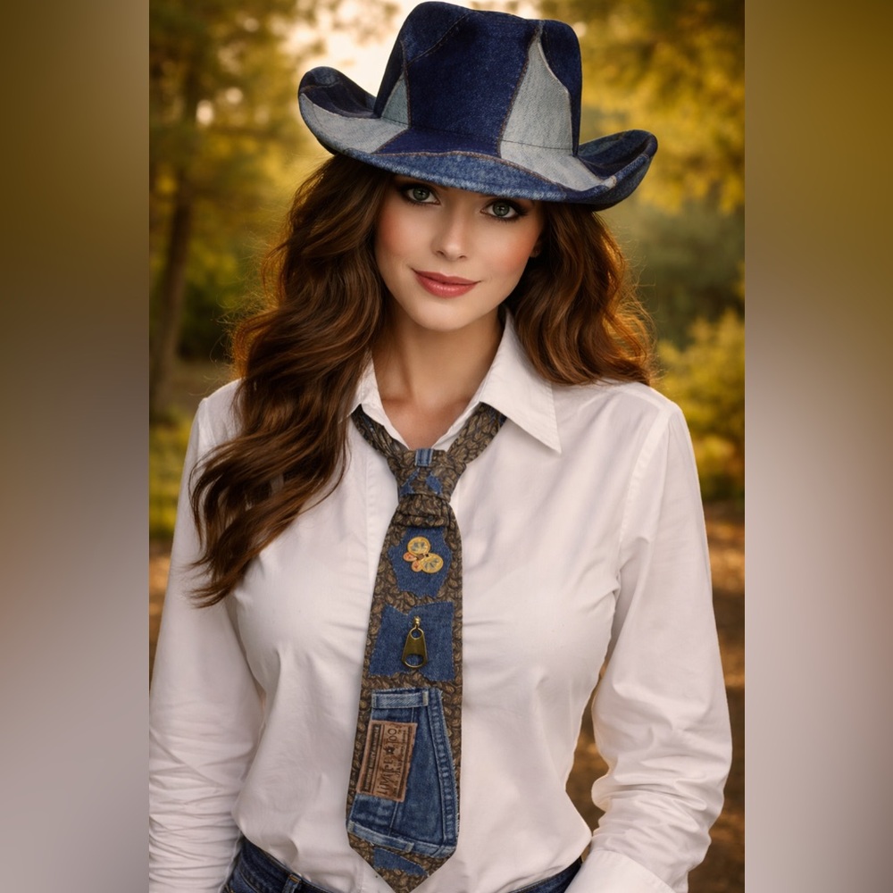SOLD Denim Patchwork Hat and Tie Set